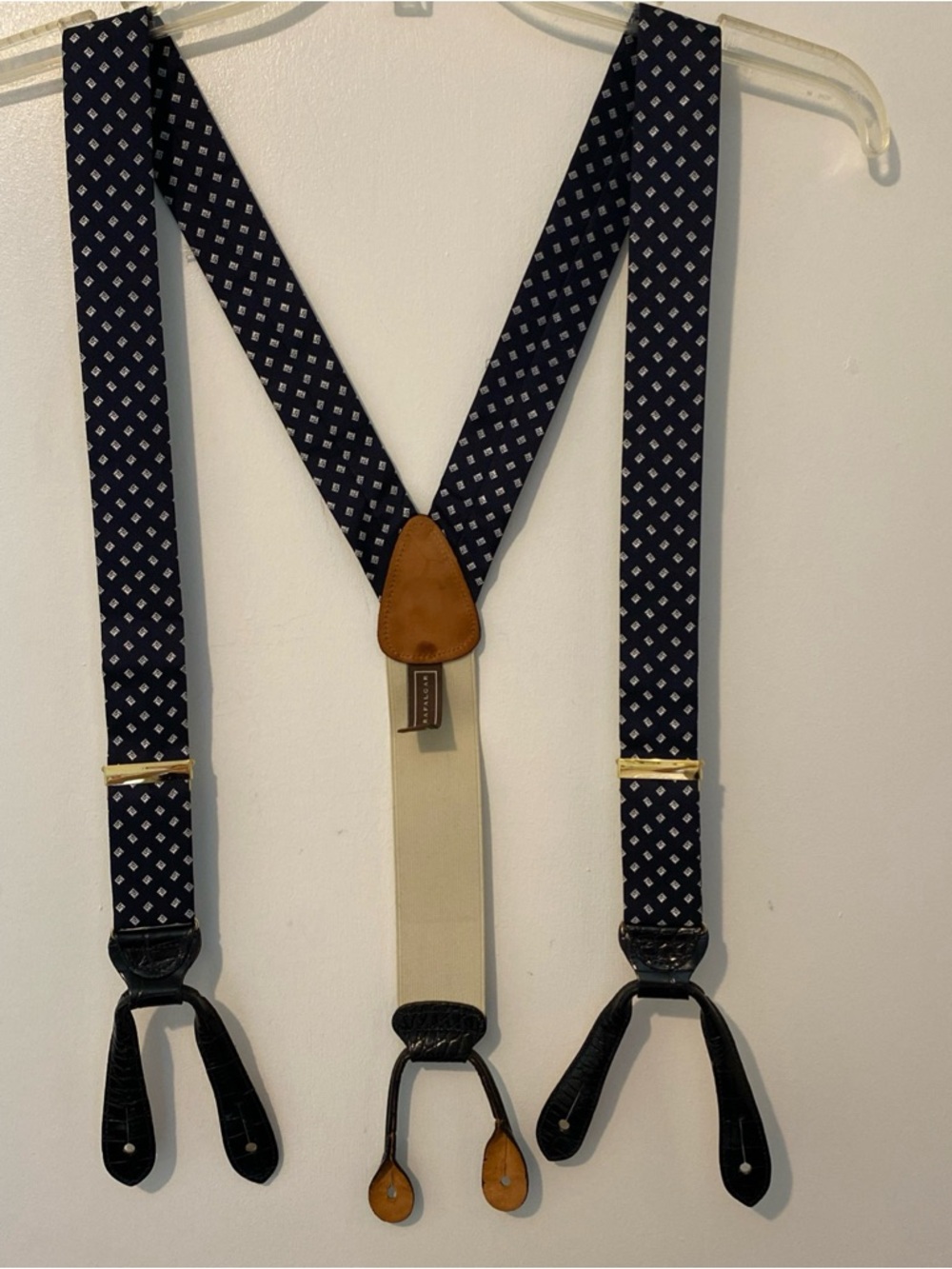 Trafalgar Silk Navy W/ Cream Square Dot with Black Leather Fasteners